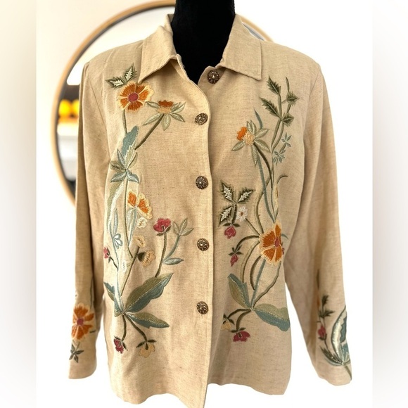 Tapestry Patch Beige Linen Floral Embroidered Lined Jacket Chunky Button Medium - Picture 3 of 9
